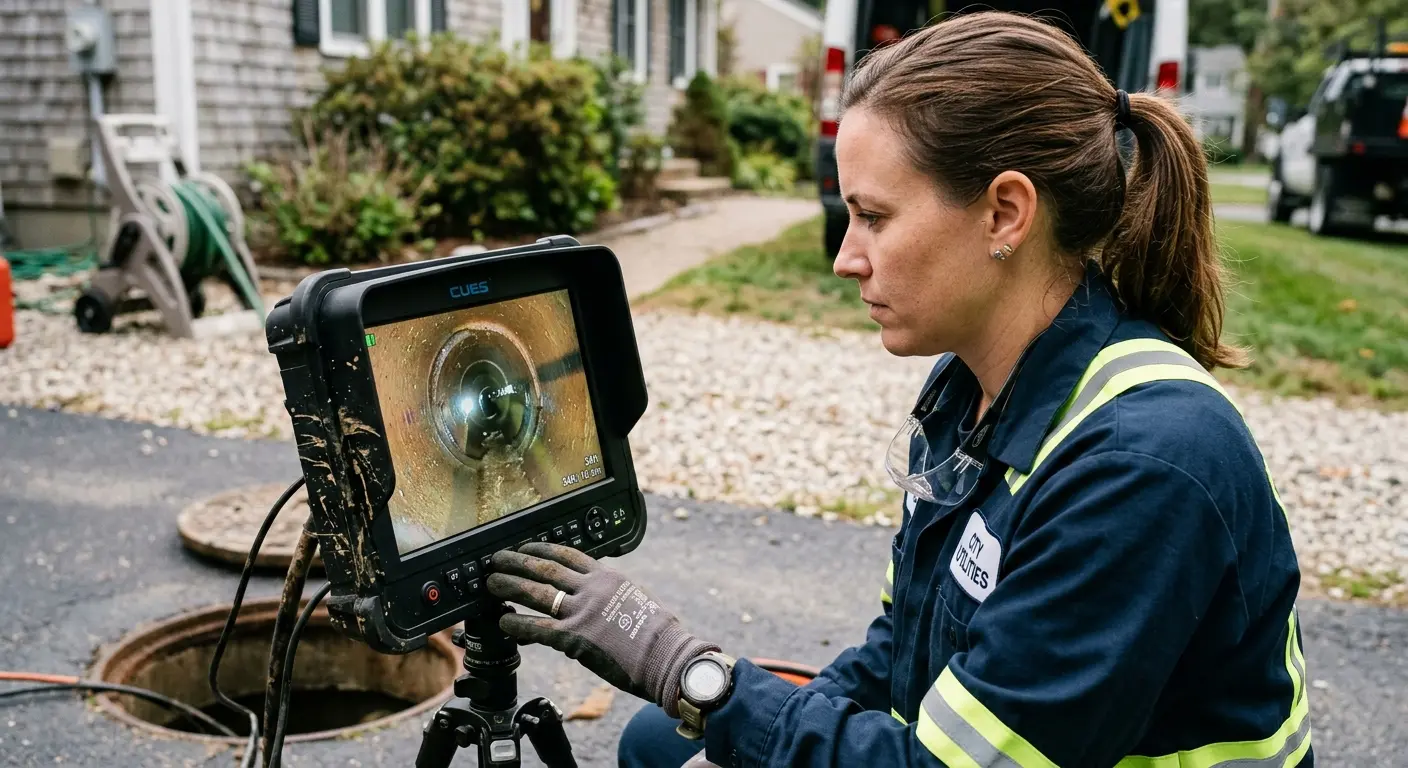 Technician reviewing sewer camera inspection footage in Milo
