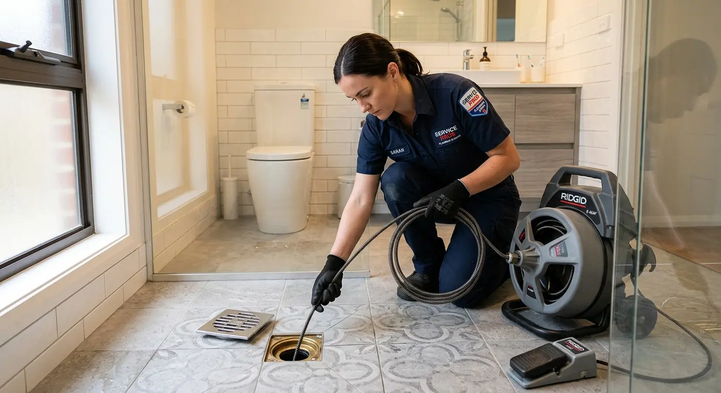 Technician clearing a bathroom floor drain for Sewer Line Installation in Milo